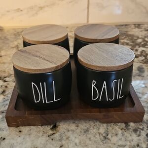 RAE DUNN Black Herb Storage Jars with Wooden Lids .   NWOB